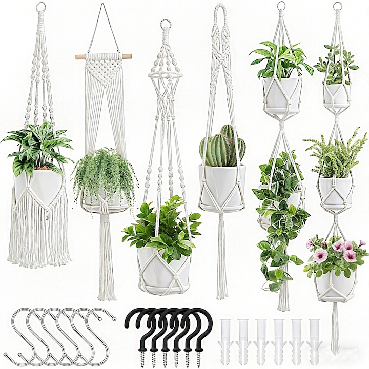 Suporturi de plante macrame, 6 pachete suspendate pentru plante de interior cu 6 seturi de kituri de agatat, suporturi de plante lucrate manual, suport pentru ghivece de flori de interior pentru decorul casei Boho (ghivecele nu sunt incluse) Alb