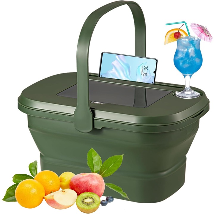 Zöld összecsukható piknikkosár 16L, összecsukható piknikkosár fedéllel, vízálló nagy piknikkosár fogantyúkkal, hordozható összecsukható tárolókosár kempingezéshez, kültéri használatra, utazáshoz