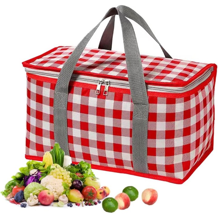 Szigetelt, újrafelhasználható pikniktáska, strandtáskák, cipzáras tetővel ellátott hűtőtáskák - meleg vagy hideg ételekhez, összecsukható piknikkosár, strandra, kültéri partikra, kempingezéshez, fesztiválokra (piros)