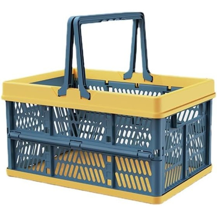 Összecsukható műanyag bevásárlókosár fogantyúkkal - Műanyag összecsukható tárolórekeszek, kék, kicsi