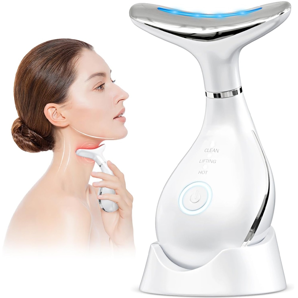 Dispozitiv Anti-Rid Teno®, aparat de masaj facial si pentru gat, suport inclus, cu incalzire pana la 42°C, 3 moduri de vibratie, fototerapie, lifting si reducerea ridurilor, alb