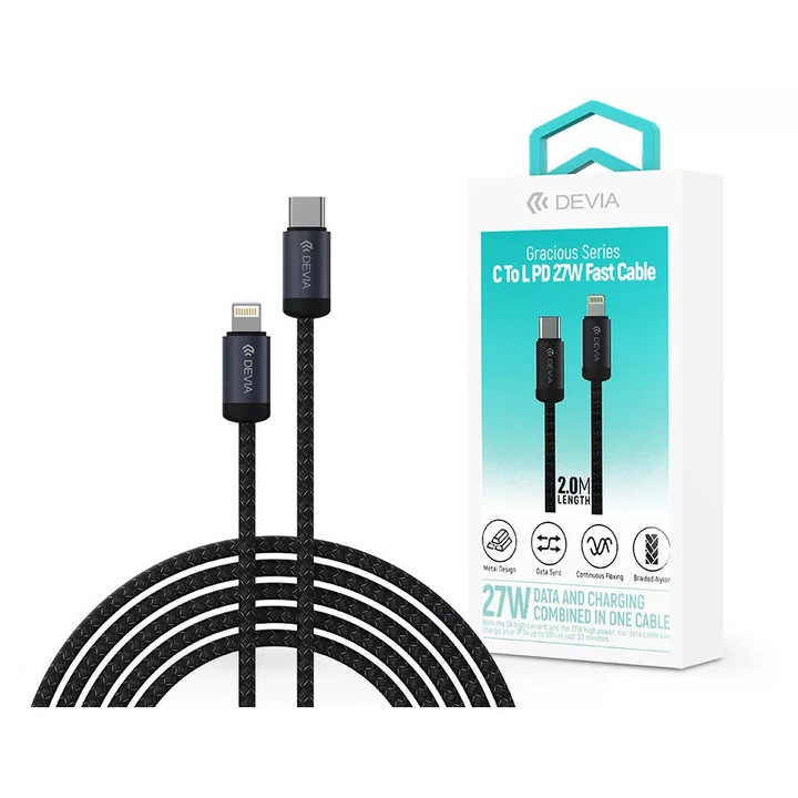 Devia Gracious Series 27W PD Type-C/Lightning adat- és töltőkábel 2m - fekete