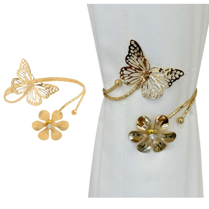 2 db fém függönyrögzítő kiegészítő, pillangó-virág, Lunniquee, arany, 9x9cm