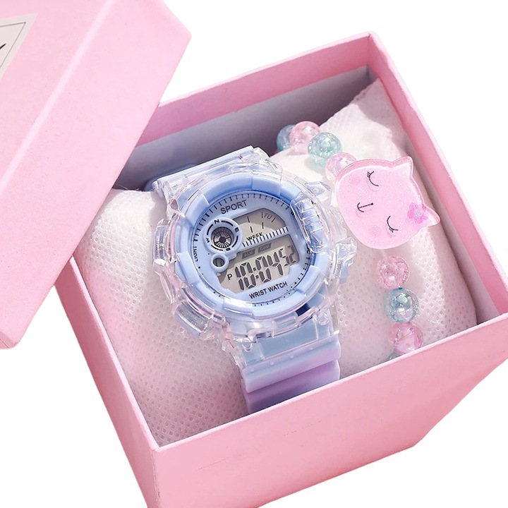 Ceasuri copii set, bratara Unicorn, albastru, design cu lumina de noapte