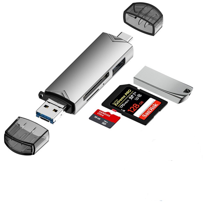 Cititor de carduri 6 in 1, USB 3.0, USB C, Micro USB, suporta SD/MicroSD, gri