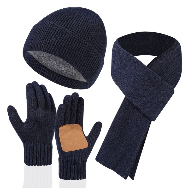 Set caciula, fular si manusi, fleece, bleumarin