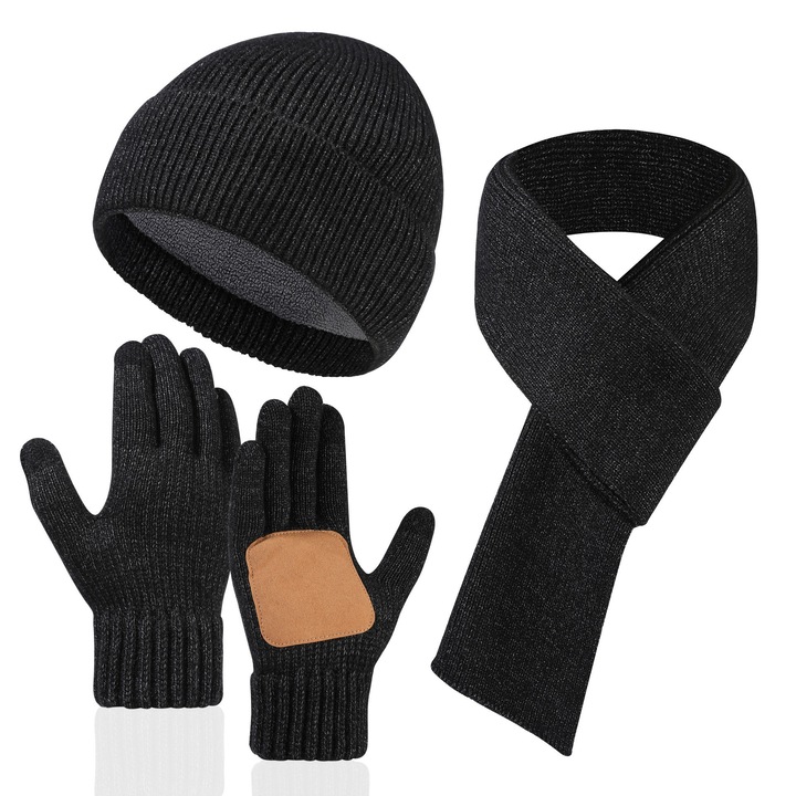 Set caciula, fular si manusi, Negru carbune, Fleece