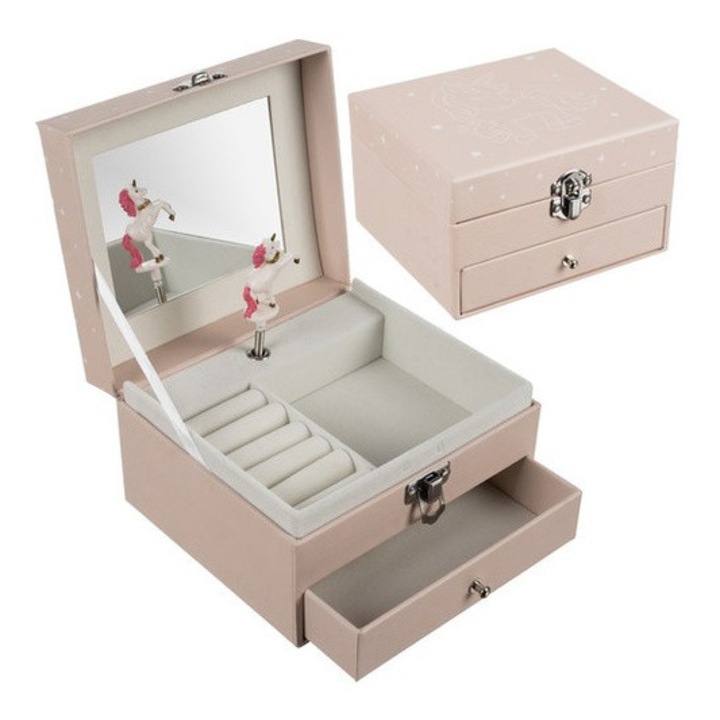 Cutie de bijuterii muzicala Kruzzel, unicorn rotativ, oglinda, sertar, 15 x 9 x 13 cm, carton si materiale mixte, Roz