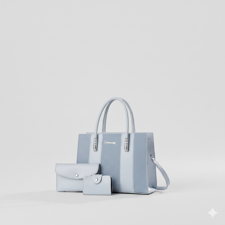 Set Posete Dama 3 in 1, Design Fashion Splicing, Geanta Mare, Crossbody si Portofel, Albastru Bleo