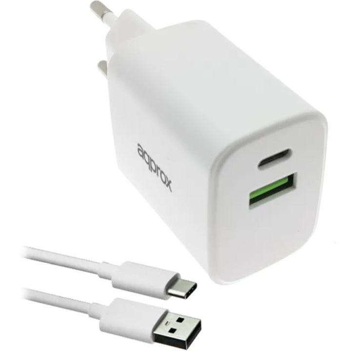 Încărcător de perete, APPROX, APPUSBWALL35W, 1xUSB-A, 1xUSB-C, alb, 35W