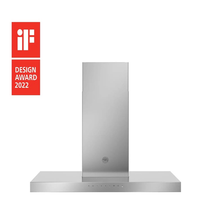 Hota de perete tip T Bertazzoni, colectie Professional, 90 cm, Clasa A+, cosum redus, 750 m³/h, 3 trepte de putere, functie Turbo, panou control electronic, filtru lavabil din otel, tub evacuare, burlan telescopic, iluminare LED, inox