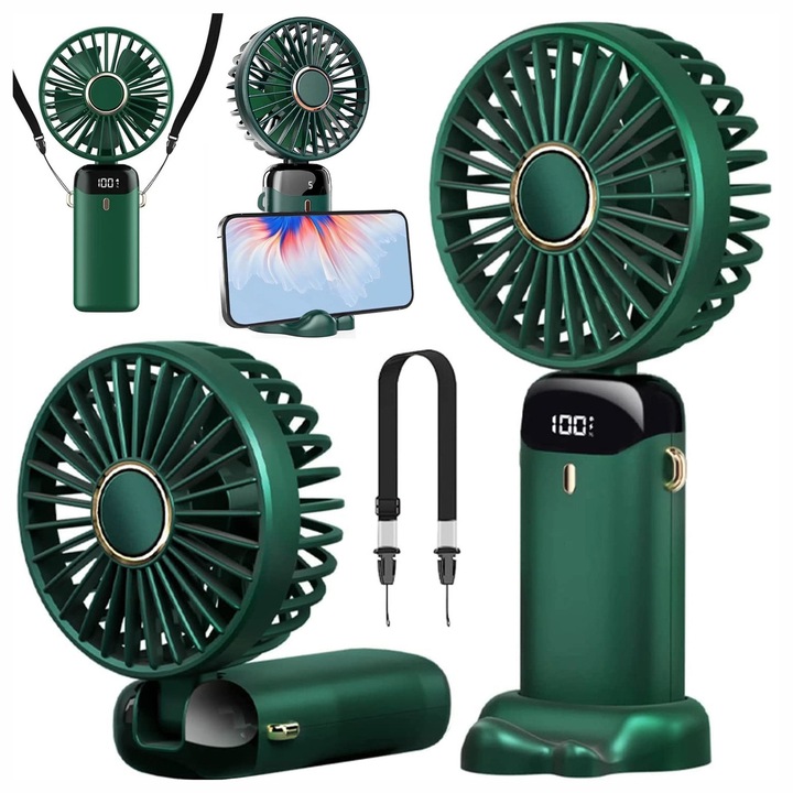 Мини вентилатор Alogy CoolBreeze, 5 скорости, USB-C, зелен, 185x90 мм, със стойка за телефон