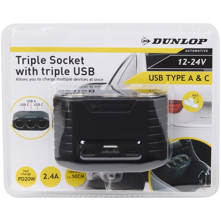 Adaptor priza auto, Dunlop, 3 porturi bricheta, 12 V / 24 V, 3 porturi USB, cablu 50 cm