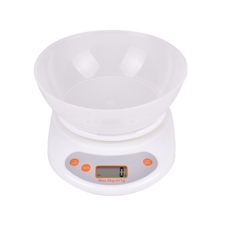 Elektronikus konyhai mérleg tálal, max. 5 kg kapacitással, digitális LCD kijelzővel, TARE funkcióval, pontos méréssel, ideális főzéshez és sütéshez