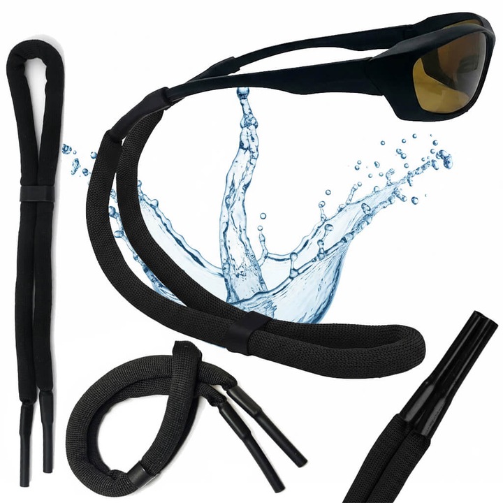 Curea sistem de prindere Stylion pentru ochelari, reglabila, snur de siguranta plutitor, anti-alunecare, ideal pentru sport, activitati acvatice si exterior, universal, rezistent la apa, din silicon si poliester, negru, 34cm