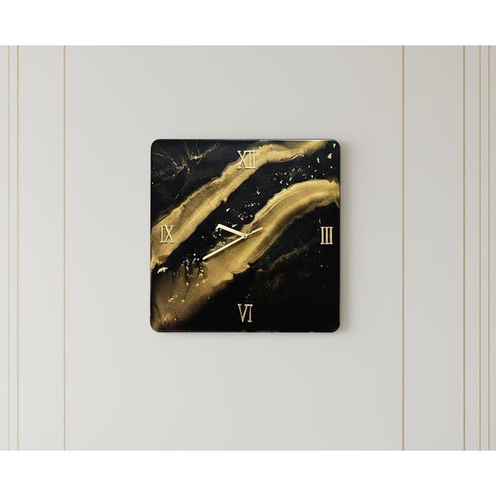 Ceas handmade, din rasina epoxidica, black and gold, cu foita de aur, diametrul 45 cm
