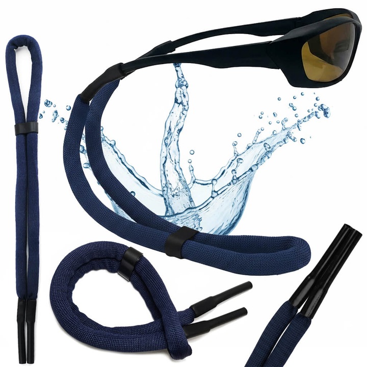 Sistem de prindere ochelari Stylion, Snur reglabil universal sport, pentru ochelari de vedere si soare, flotabil in apa, cu silicon, rezistent, ideal pentru activitati nautice, albastru, 34cm