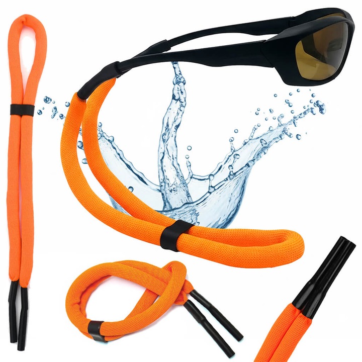 Curea Suport Ochelari Stylion, Snur Reglabil Universal Antialunecare pentru Sport, Activitati Acvatice, Drumetii, Flotabil, din Silicon si Poliester Rezistent, Portocaliu Neon, 34cm