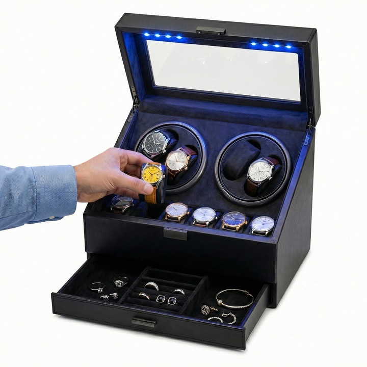 Cutie intors ceasuri automatice, Organizator 6 ceasuri cu compartiment bijuterii, Watch Winder Premium W166B, 4 programe presetate, Alimentare la priza, Negru