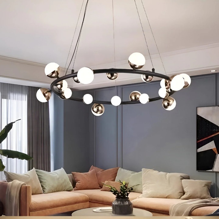 Lustra Suspendata LED Estella cu Telecomanda, Dimabila, Lumina Rece/Neutra/Calda, Dimabila, Auriu, Alb, Acril
