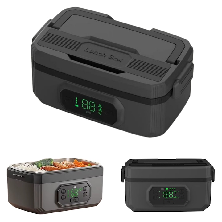 Caserola Electrica Portabila pentru Mancare (Pranz) PLEMORY®, Capacitate 1,6L, cu Incalzire Rapida One-Touch, Termoizolanta, Baterie 24.000 mAh, Oala INOX, pentru Studenti, Calatorii si Birou, Drumetii pe Munte, Negru Mat