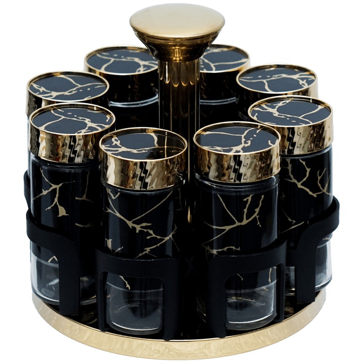 Set condimente cu suport rotativ 8 borcane din sticla, Adison