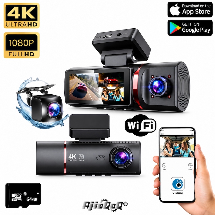 Camera Auto Tripla de AjieQaQ® SafePro 8 in 1, 4K UHD, 1080P, Night Vision, GPS, WIFI, WDR, G-Senzor Reglabil, Detectie Miscare, Aplicatie pe Telefon, Monitorizare Parcare, Unghiuri Largi 170°/140°/140° Mers Inapoi, Ecran IPS 3.16 Inch + Card 64 GB