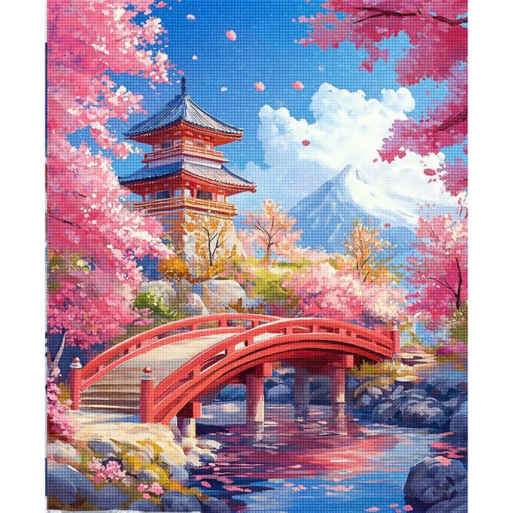 Set goblen cu diamante, cu sasiu, Pod rosu si ciresi infloriti, 40x50 cm