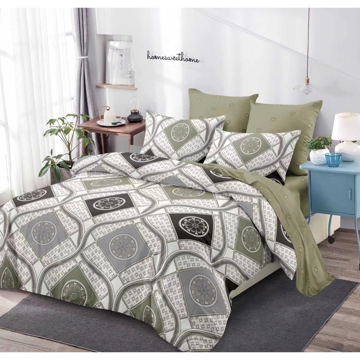 Set Lenjerie de Pat Dublu, Pucioasa, Finet, 2 persoane, Verde, Modele Geometrice Elegante, Cearceaf Pilota 200x230 cm, Cearceaf de Pat 230x250 cm, 2 Fete de Perna 70x70 cm, 2 Fete de Perna 50x70 cm