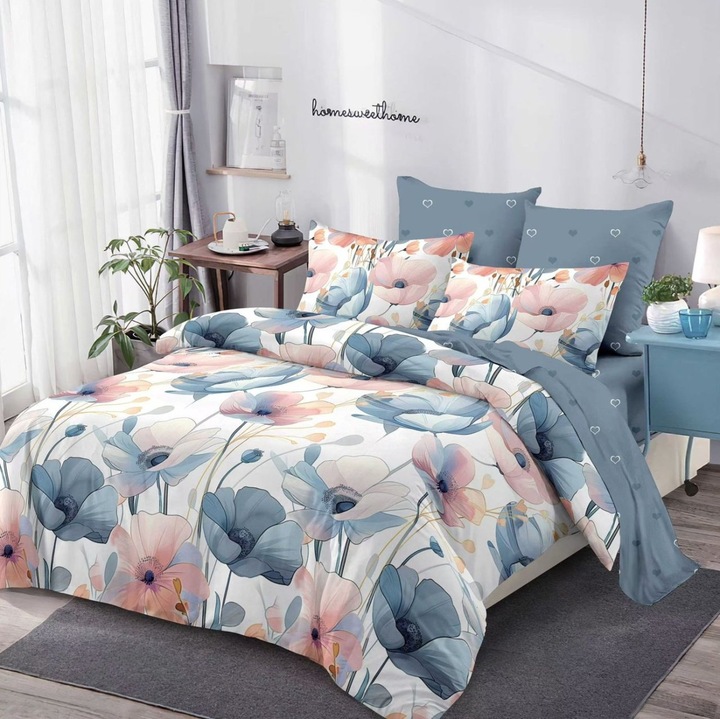 Set Lenjerie de Pat Dublu, Pucioasa, Finet, 2 persoane, Elegant, Imprimeu Floral, Cearceaf Pilota 200x230 cm, Cearceaf de Pat 230x250 cm, 2 Fete de Perna 70x70 cm, 2 Fete de Perna 50x70 cm