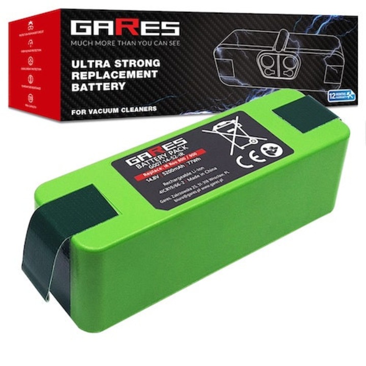 Baterie, Gares, pentru iRobot Roomba seriile 800 si 900, 14.8V, 5200mAh, Li-ion, compatibilitate completa, performanta stabila, sistem de protectie BMS, teste de sarcina, protectie la supraincalzire, protectie la supraincarcare, fara efect de memorie