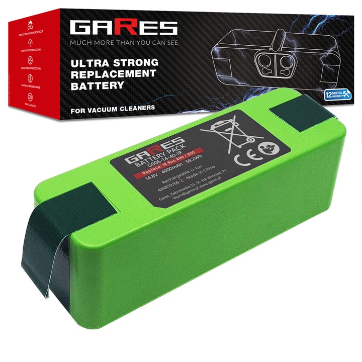Baterie, Gares, pentru iRobot Roomba seriile 800 si 900, 14.8V, 4000mAh, Li-ion, compatibilitate completa, functionare mai indelungata, protectie BMS, teste de sarcina, performanta stabila