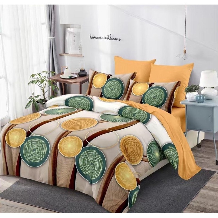 Set Lenjerie de Pat Dublu, Pucioasa, Finet, 2 persoane, Imprimeu Cercuri Multicolore, Cearceaf Pilota 200x230 cm, Cearceaf de Pat 230x250 cm, 2 Fete de Perna 70x70 cm, 2 Fete de Perna 50x70 cm