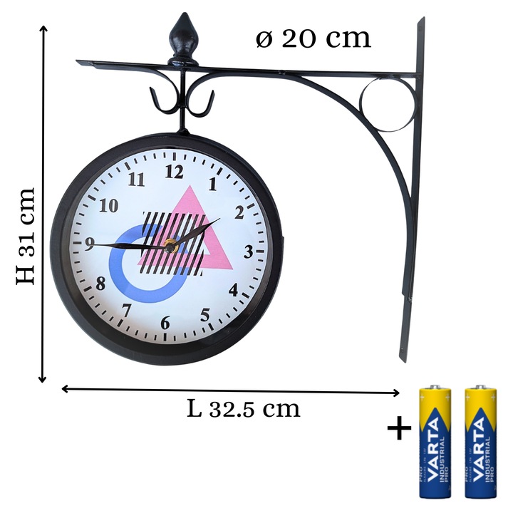 Винтидж Стенен Часовник с 2 Лица Двоен 20см Метал Стъкло Безшумен Арабски Цифри Кръг Син Триъгълник Розов Квадрат Батерии