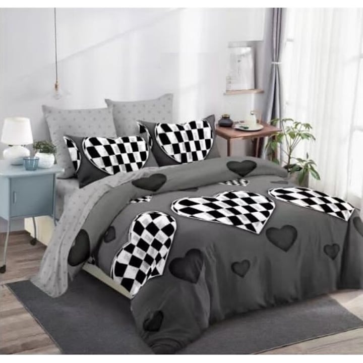 Set Lenjerie de Pat Dublu, Pucioasa, Finet, 2 persoane, Cu Imprimeu Inimi, Negru-Gri, Cearceaf Pilota 200x230 cm, Cearceaf de Pat 230x250 cm, 2 Fete de Perna 70x70 cm, 2 Fete de Perna 50x70 cm