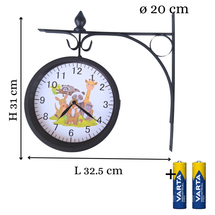 Винтидж Стенен Часовник с 2 Лица, 20см, Римски Цифри, Безшумен, Метал и Стъкло, Черен, Ретро Индустриален Дизайн, със сладки животинки