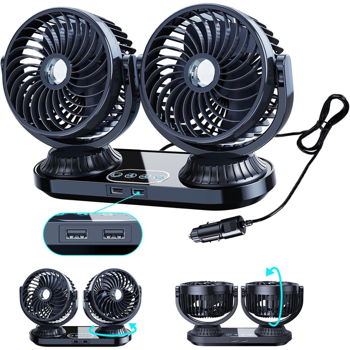 Ventilator Auto Oscilant 12V/24V, cu 2 Capete si 2 Porturi USB, 3 Viteze, 270° Oscilatie Automata, pentru Masina, Camion, SUV si Autocaravan, Prindere in Bricheta si Banda Adeziva, Negru, 28x18.8cm