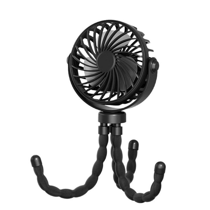 Ventilator portabil pentru bebelusi cu trepte de viteza, suport flexibil, negru, 11.5x4x23.5cm