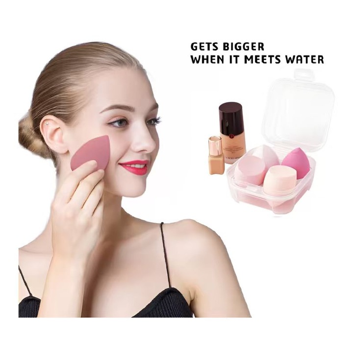 Set de bureti de machiaj din microfibra ultra-fina (4 buc) | Cu cutie de depozitare | Utilizare umeda si uscata | Ideal pentru produse cremoase, fond de ten si lichide | Culoare roz