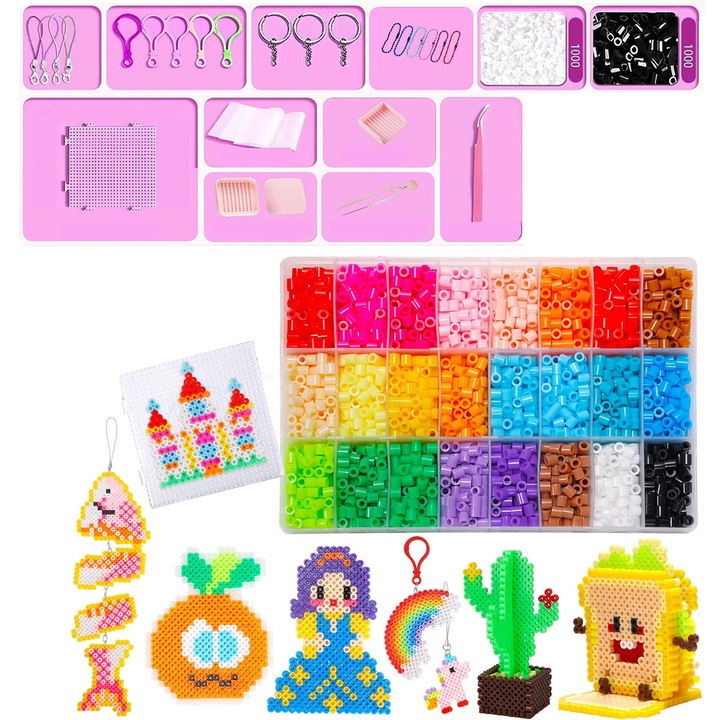 Set de artizanat DIY, 24 culori, 10.000 margele fuse, accesorii incluse
