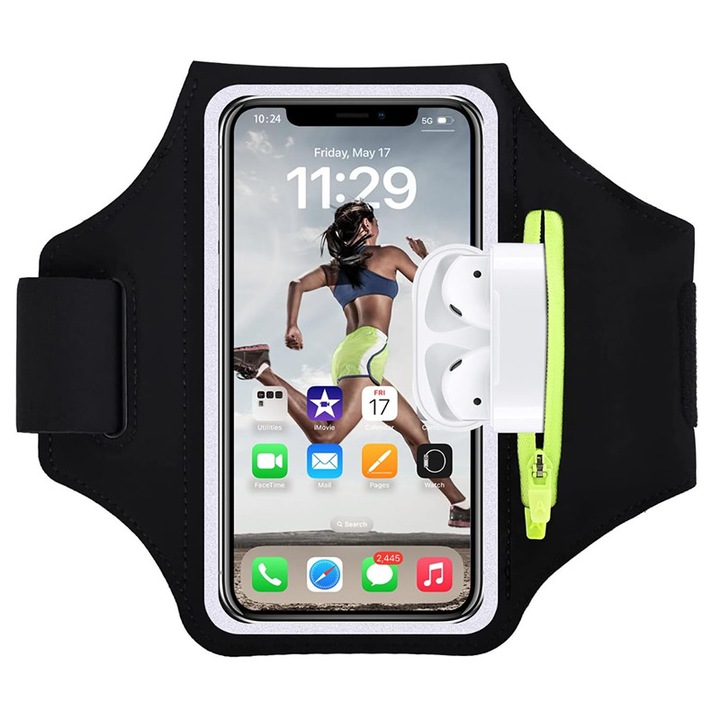 Husa banderola telefon de brat pentru alergat, ZYNORO®, sala, plimbari, yoga, cu buzunar carduri, chei, casti, negru,4--6.5"