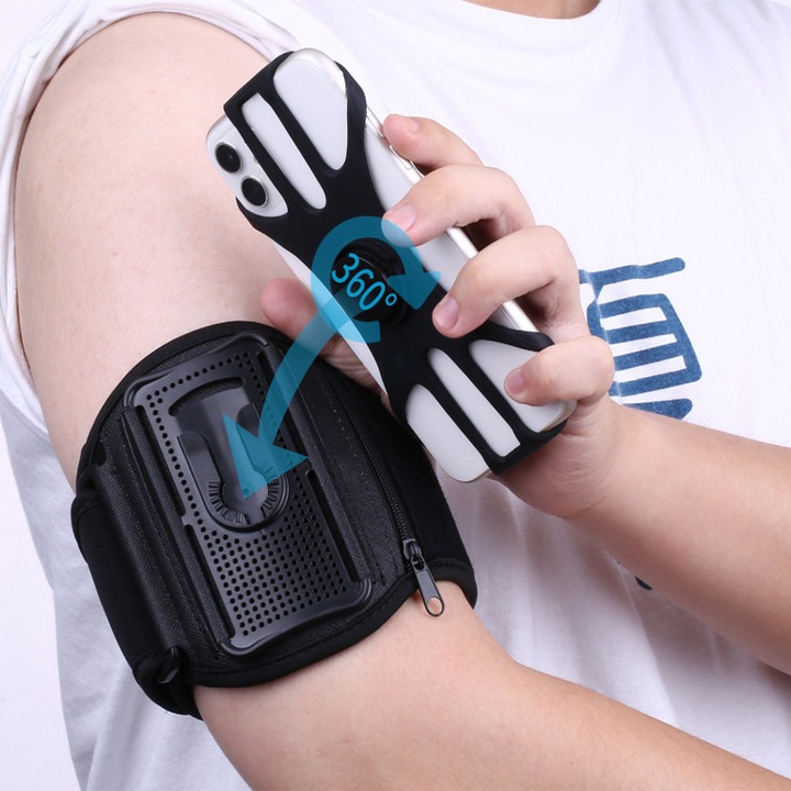 Husa banderola telefon de brat pentru alergat, ZYNORO®, cu rotire 360°, sala, plimbari, yoga, cu buzunar carduri, chei, casti, negru,4.5--7"