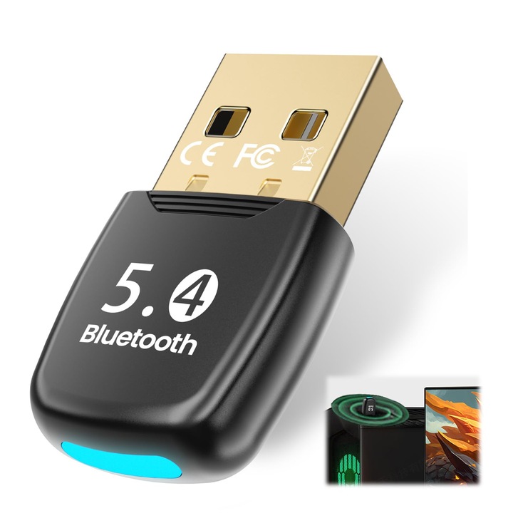Адаптер USB Bluetooth 5.4, Черен, 20 м, едновременно свързване до 7 устройства