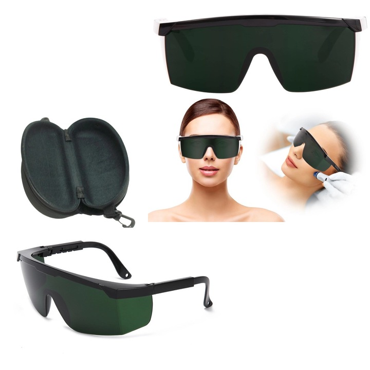 Ochelari de protectie pentru epilare, semi-transparenti verzi, protectie UV400, ajustabili, set cu husa