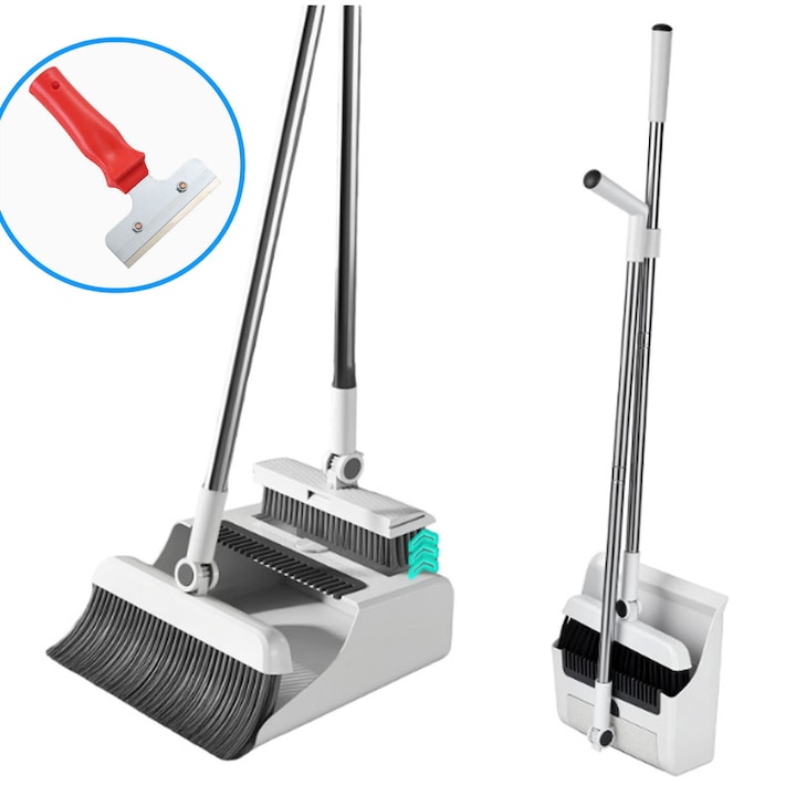 Set Matura si Faras 3 in 1, Unloshe, Perie de podea cu maner reglabil, design ascuns de periat, cu lopata integrata si rasor, pliabila pentru economisire de spatiu, Alb