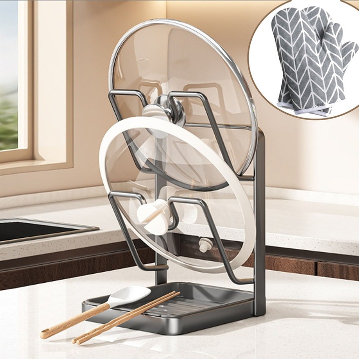 Unloshe duplafalú szürke szénacél edényfedő és eszköz tartó, multifunkcionális, 30x15x10cm