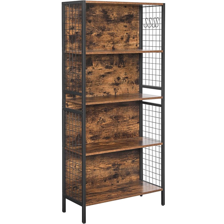 Biblioteca 4 niveluri cadru otel polite mdf grila laterala, 74x30x155 cm, industrial, maro rustic