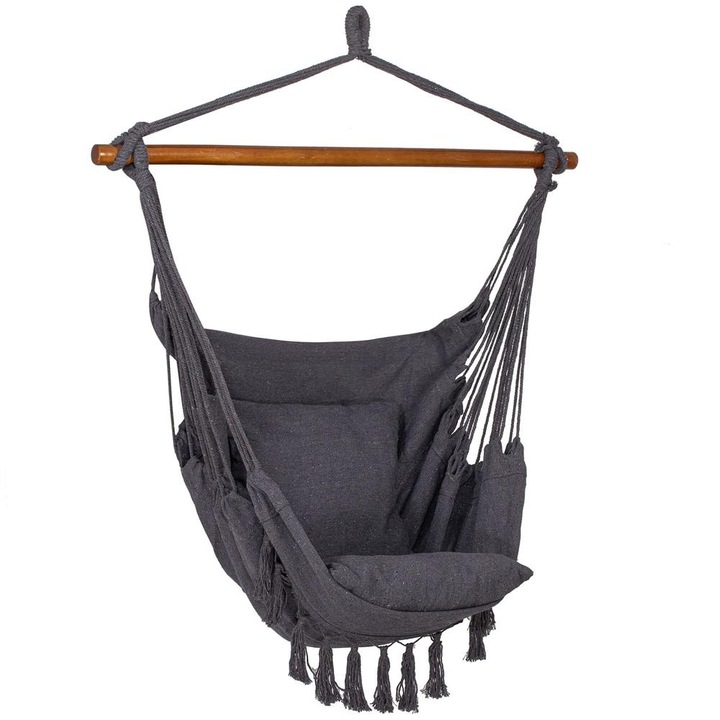 Hamac leagan suspendat bumbac perne incluse franjuri, 130x100 cm, maxim 150 kg, gri inchis