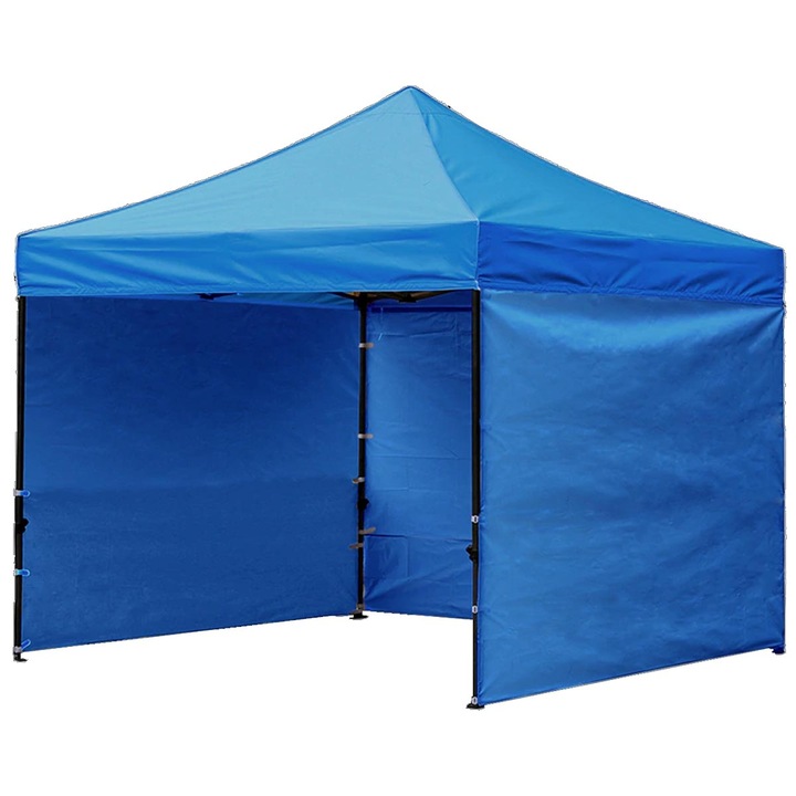 Палатка-павилион с 3 странични стени, здрава стоманена конструкция и водоустойчив PVC покрив, 3x3 м с регулируема височина, синя