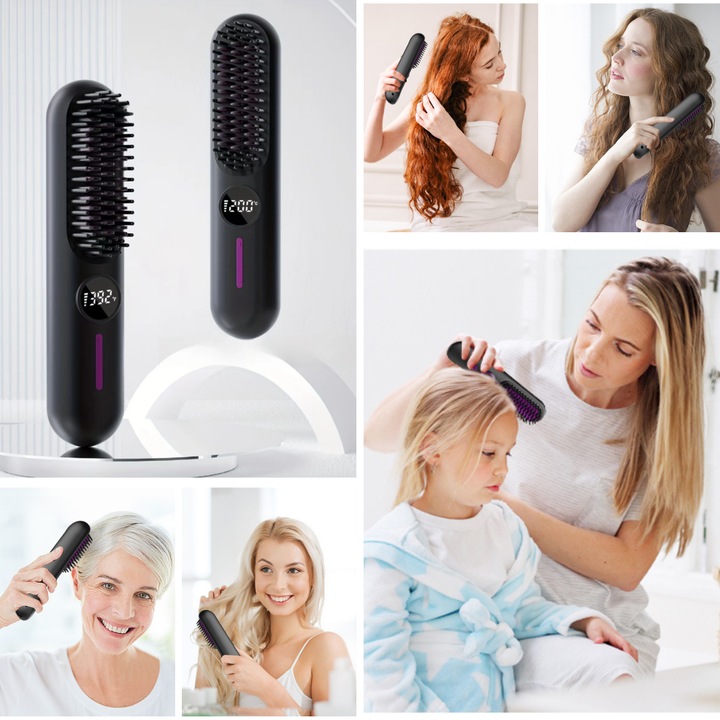 QOVU vezeték nélküli professzionális szakáll- és hajkiegyenesítő kefe, 3 hőmérséklet-beállítás, kerámia bevonat, ionos elektrosztatikus hatás elleni technológia, gyors felmelegedés, formázó fésű